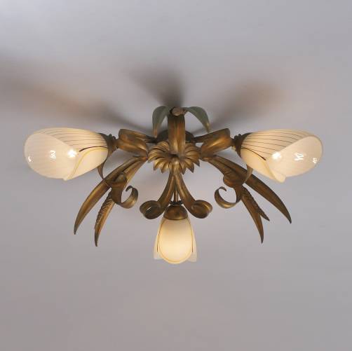 Florentine tole Banci Firenze style flush ceiling light, glass tulip flowers, 1950`s ca, Italian